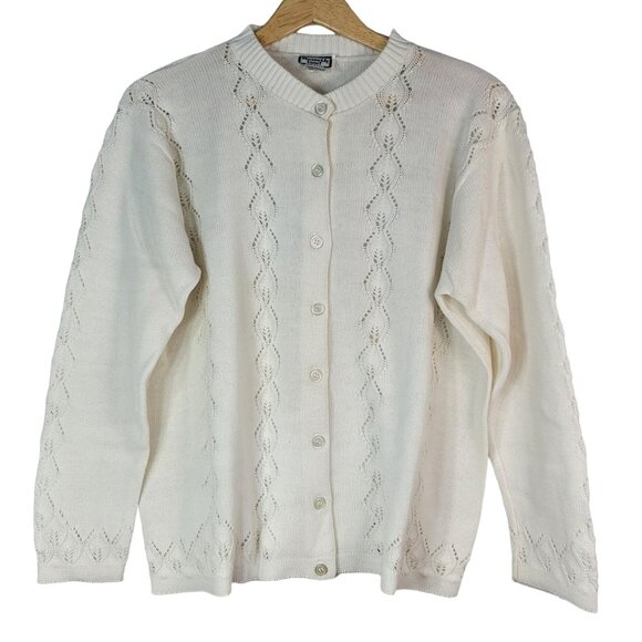Keneth Too Sweater Cardigan White Large Laser-Cut Diamond Button Long Sleeve VTG - Picture 1 of 6
